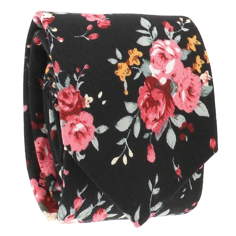 Cravate Fleurs Noire et Corail