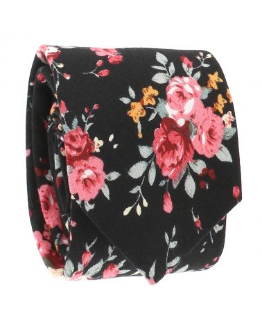 Cravate Fleurs Noire et Corail