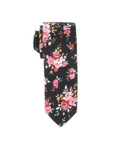 Cravate Fleurs Noire et Corail