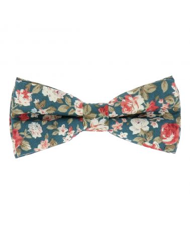 Noeud Papillon Fleurs Bleu canard et Rose