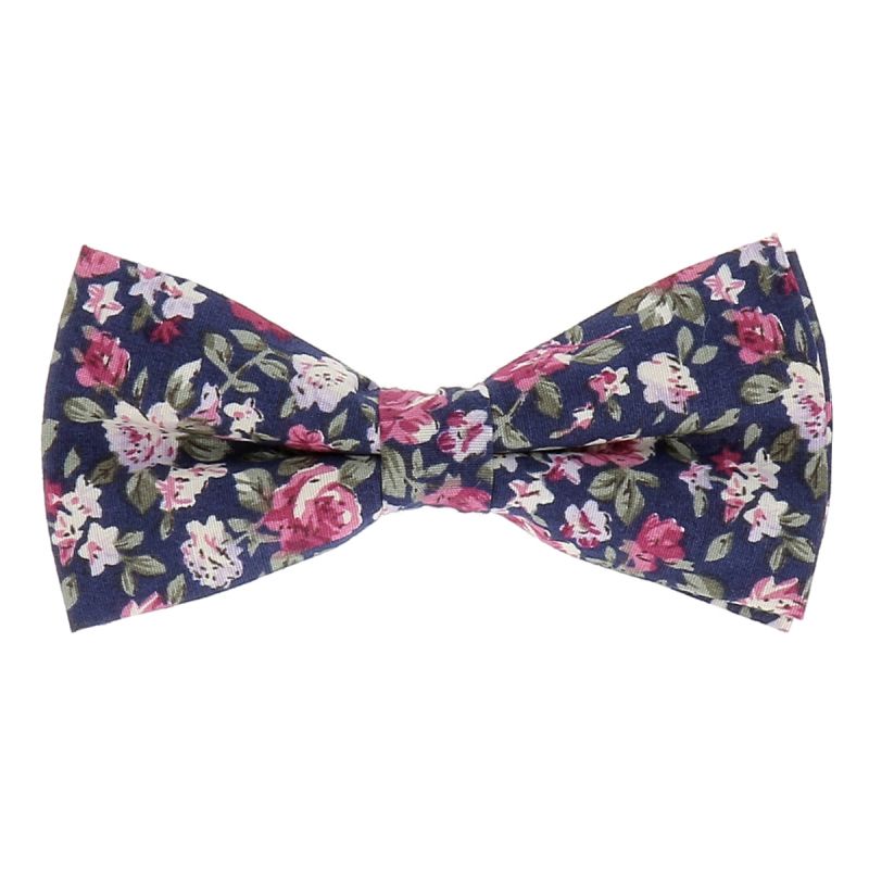 Noeud Papillon Fleurs Bleu marine, Rose et Blanc