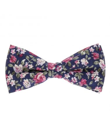 Noeud Papillon Fleurs Bleu marine, Rose et Blanc