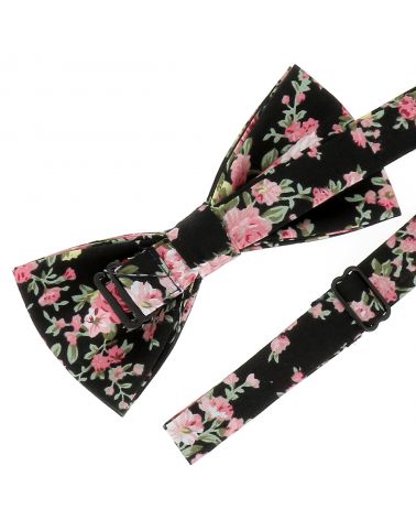 Noeud Papillon Fleurs Noir et Rose