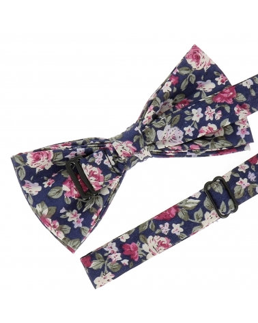 Noeud Papillon Fleurs Bleu marine, Rose et Blanc